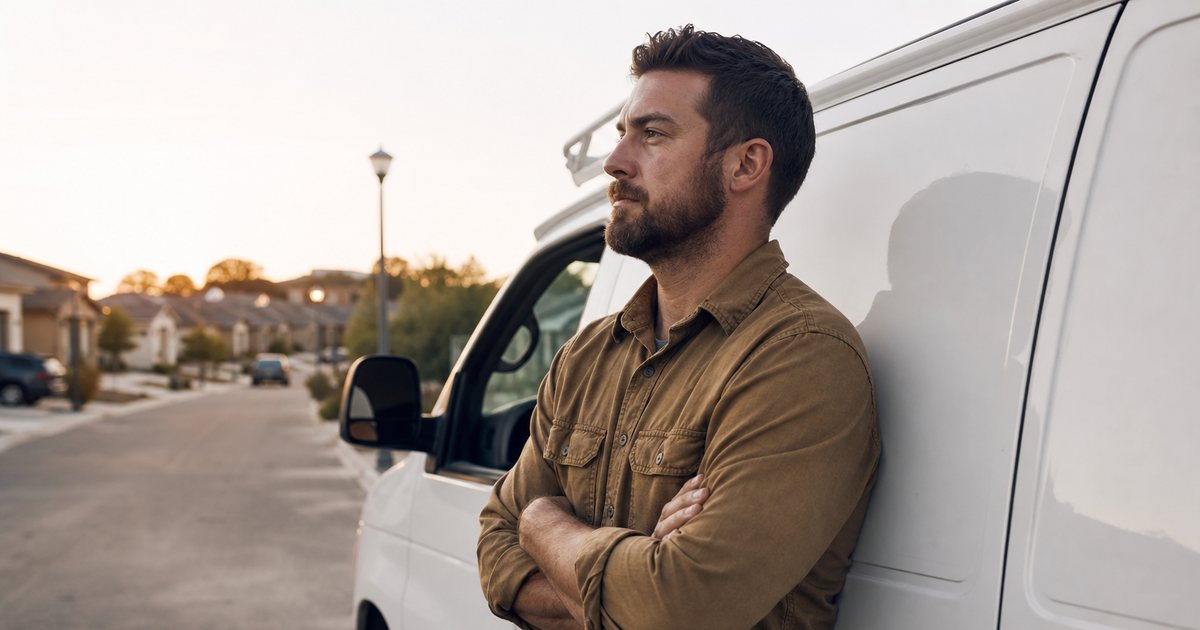 A plumber in a canvas work shirt standing beside an unmarked white van in a suburban driveway at golden hour, arms folded, looking down the street