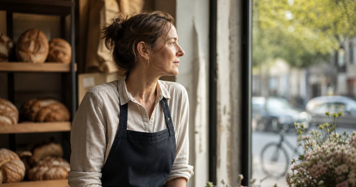 A small business owner in an apron standing behind the counter of a sunlit bakery, looking out the front window at the street