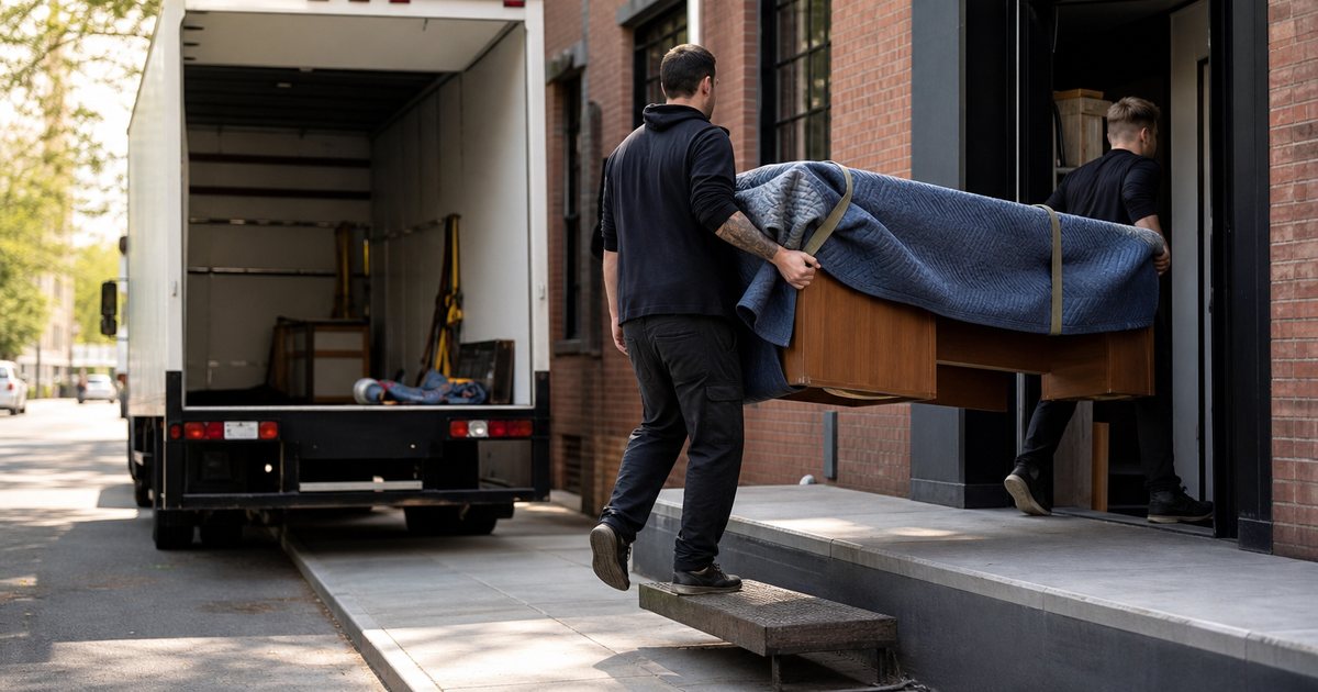 An unmarked white box truck with its rear door open on a sunny city street while two workers carry a blanket wrapped desk toward a brick storefront doorway