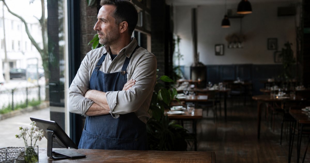 A restaurant owner standing at the host stand of an empty dining room in mid-afternoon, arms crossed, looking out the front window at a quiet street