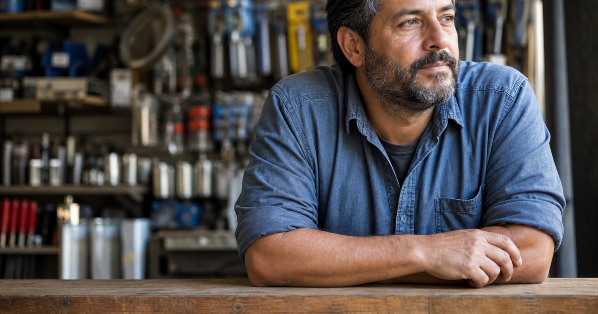 A shop owner leaning on the wooden counter of a small hardware store in soft morning light, thinking, shelves of tools behind