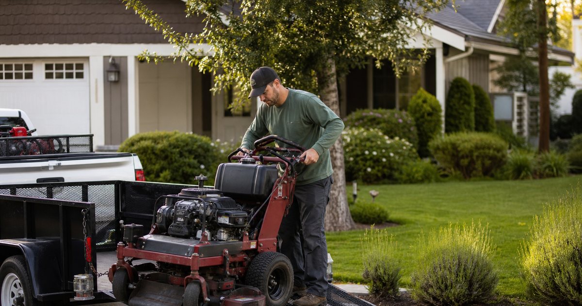 A landscaper unloading a mower from a trailer hitched to a pickup truck in the driveway of a suburban home, hedges and a lawn in the background, morning light