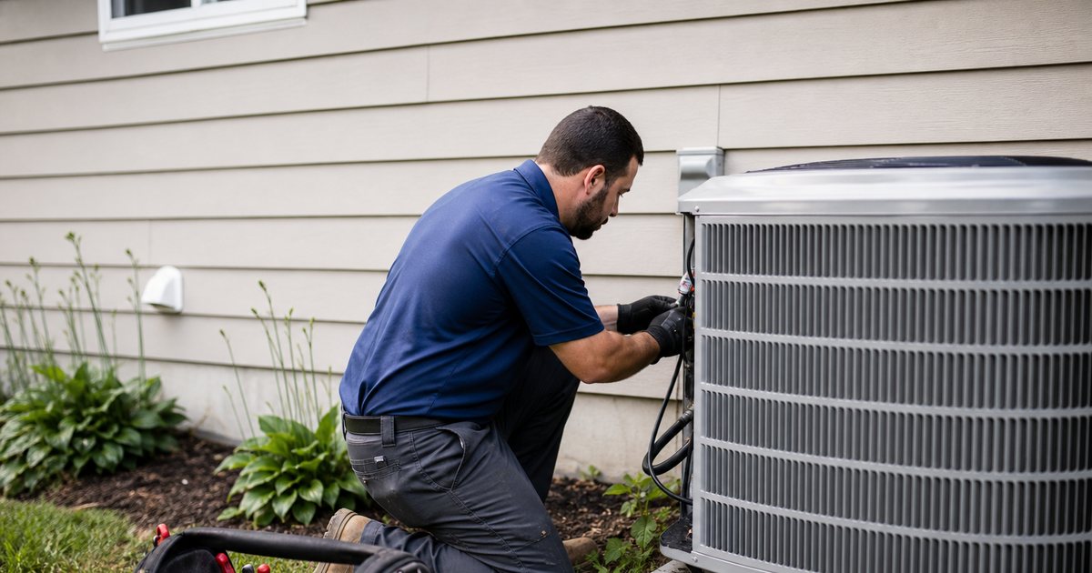 An HVAC technician kneeling beside an outdoor air conditioning unit at the side of a suburban house, toolbox open on the grass, summer afternoon